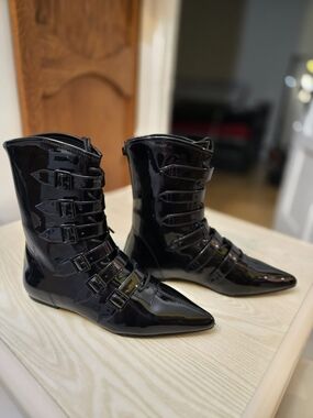 Hot Topic Black Patent Buckle-Strap Pointed Ankle Boots
